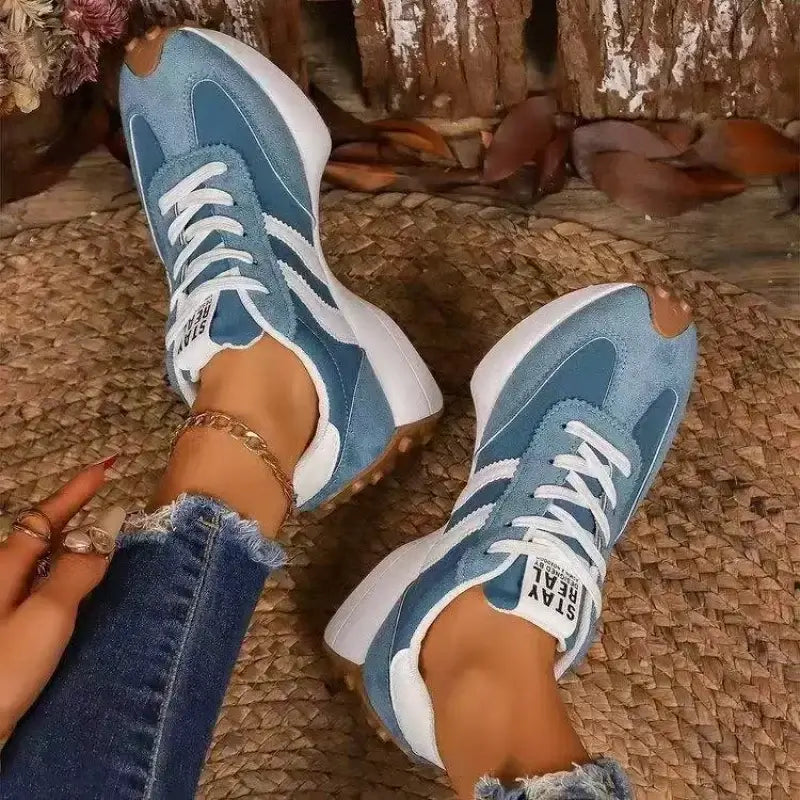 Retro Sneakers Casual Running Shoes in blue with white laces, top-down view