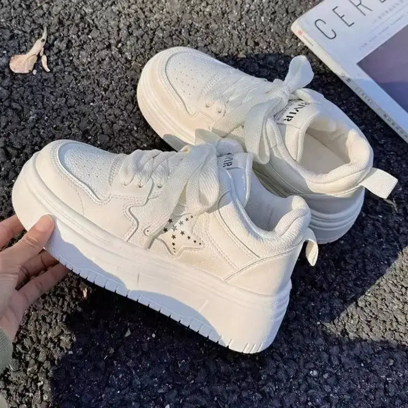Retro Casual White Chunky Sneakers in cream white, side profile with lace-up design