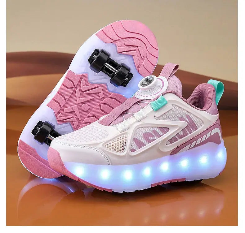 4-Wheels Removable Wheeled Rolling Shoes in pink with durable four-wheel skating design