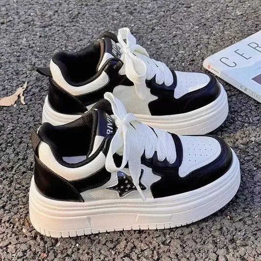 Retro Casual White Chunky Sneakers in white and black, stylish chunky platform design