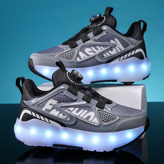 4-Wheels Removable Wheeled Rolling Shoes in silver with retractable four-wheel design
